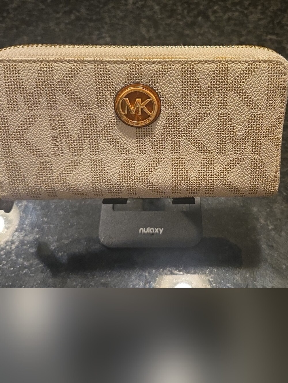 Michael Kors Beige Signature Zip Around Wallet with Gold MK Medallion